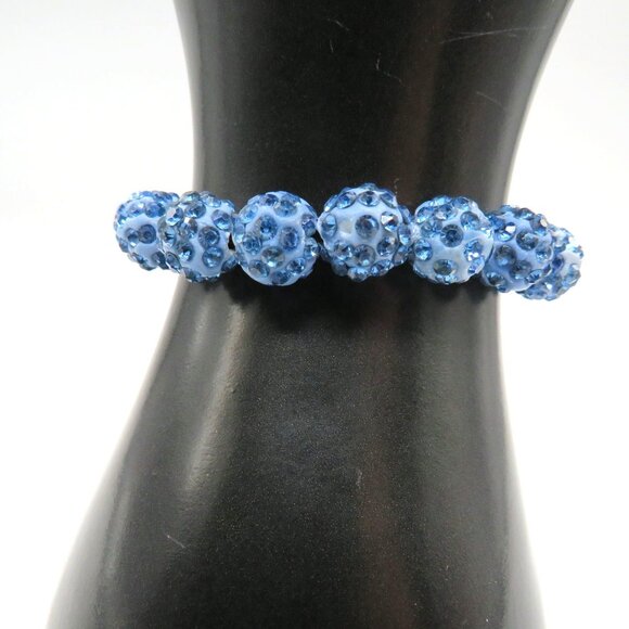 Beaded Bracelet Blue Rhinestone Encrusted Black Beads Adjustable Slide - Picture 1 of 7